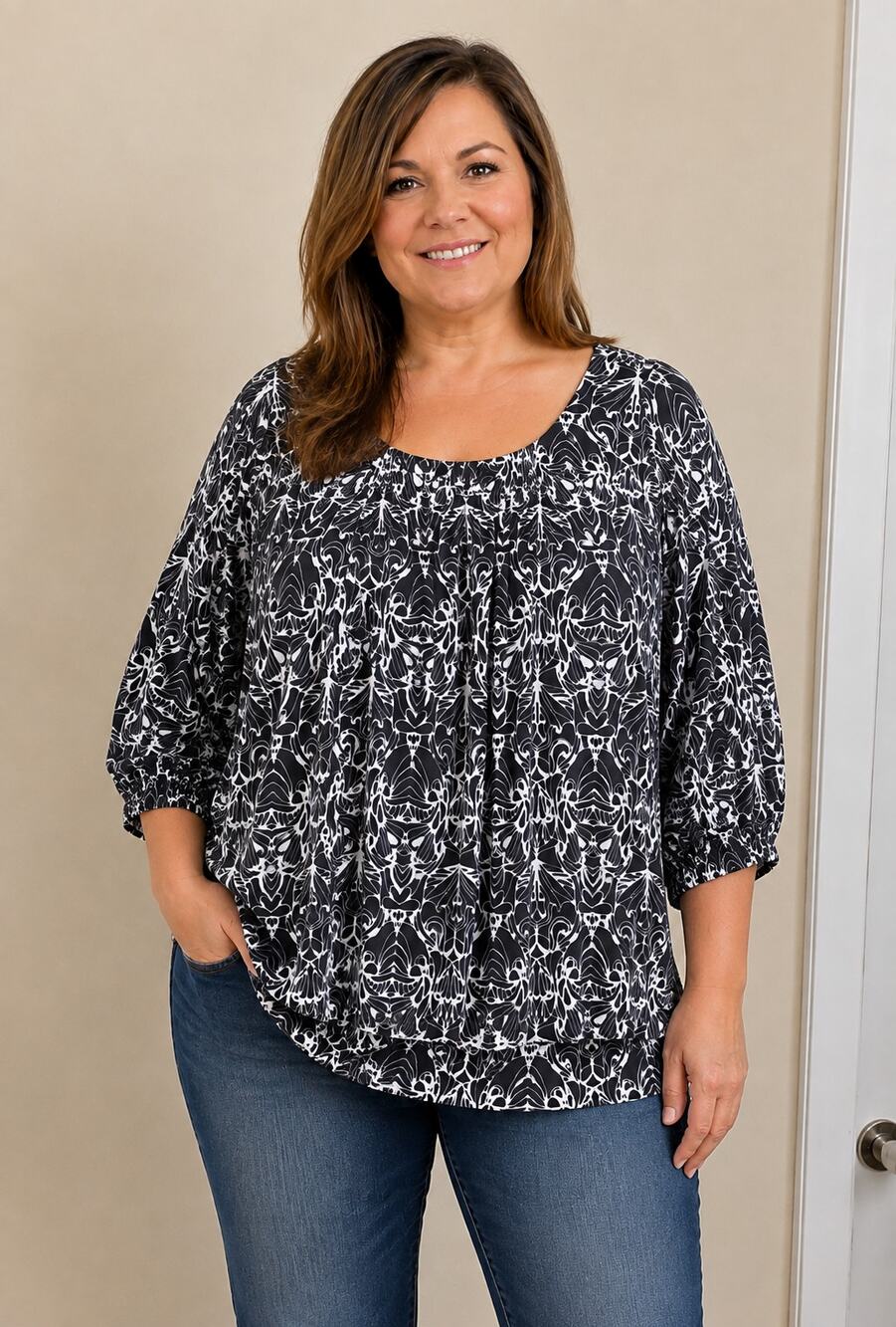 Semantiks Black & White Abstract Floral Print Chiffon Scoop Neck Blouse L